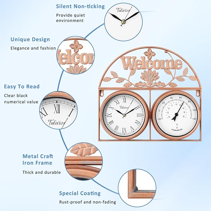 17Inch Large Outdoor Clock,Waterproof Wall Clock with Thermometer,Weatherproof Non-Ticking Quartz Battery Operated Decor Clock for Patio,Garden,Pool,Porch,House Warming Gifts