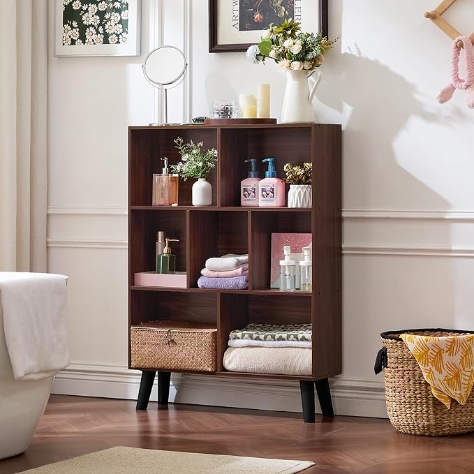 LEYAOYAO 7 Cube Bookshelf 3-Tier Bookcase with Legs, Mint-Walnut Kids Book Shelf Cute Storage Organizer, Toy Shelves Bookshelves,Wood Display Bookcases
