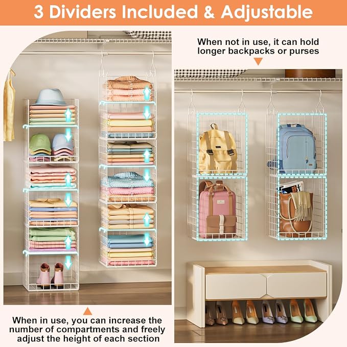 Yuyetuyo 6 Tier Raised-Height Hanging Closet Organizer, Stackable Sweater Organizer for Closet, Wire Storage Basket Bins for Clothes Purse Shoes, Hanging Shelves with 4 Hooks & 3 Dividers Adjustable