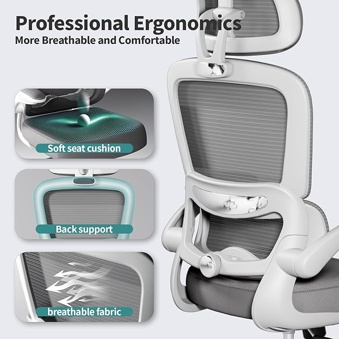 TRALT Office Chair Ergonomic Desk Chair, 330 LBS Home Mesh Office Desk Chairs with Wheels, Comfortable Gaming Chair, High Back Office Chair for Long Hours (White)