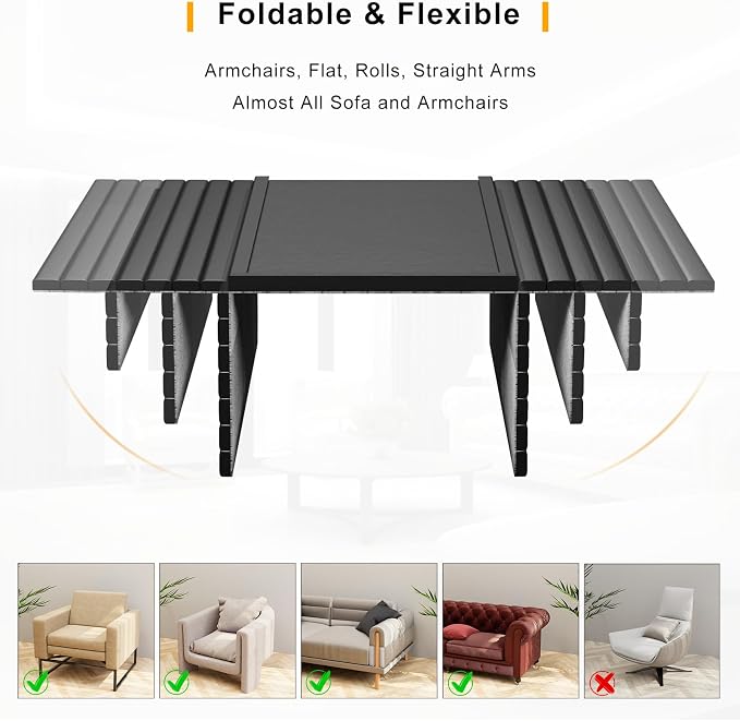 Bestjing Bamboo Sofa Armrest Tray Table for Couch - 2-in-1 Couch Arm Table with Be Slide Detachable Tray- Anti-Slip Foldable Sofa Armchair Caddy for Drinks Cellphone TV Remote Snacks (Black)