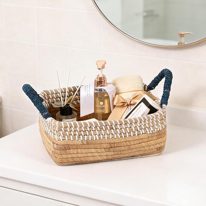 4 Pack Laundry Baskets and Woven Storage Basket for Organizing, 49L Seagrass Blanket Basket, 29L Storage Bin with Handles, 10.7L & 7.6L Cube Storage Baskets for Shelves - Blue