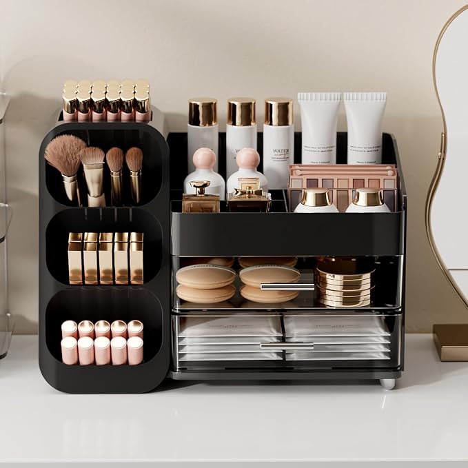 UFORU Makeup Organizer for Vanity with Brush Holder, Large Capacity Bathroom Countertop Skincare Organizer with 2 Drawers, Cosmetic Display Case for Perfumes, Eyeshadow Palettes, Nail Polishes