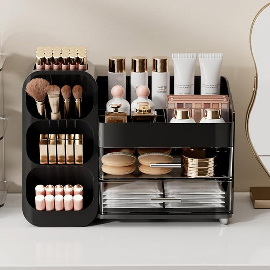 UFORU Makeup Organizer for Vanity with Brush Holder, Large Capacity Bathroom Countertop Skincare Organizer with 2 Drawers, Cosmetic Display Case for Perfumes, Eyeshadow Palettes, Nail Polishes