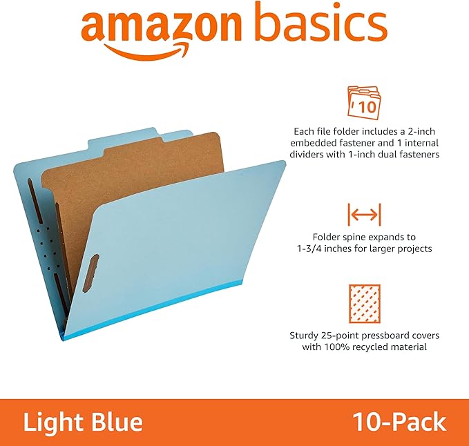 Amazon Basics Classification Folder for Documents and Organization, 1 Divider, 2" Embedded Fasteners, Letter Size, Light Blue, 10 Count