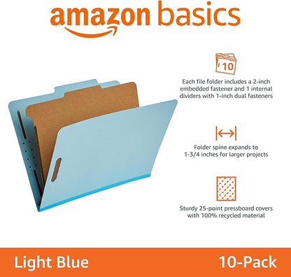 Amazon Basics Classification Folder for Documents and Organization, 1 Divider, 2" Embedded Fasteners, Letter Size, Light Blue, 10 Count