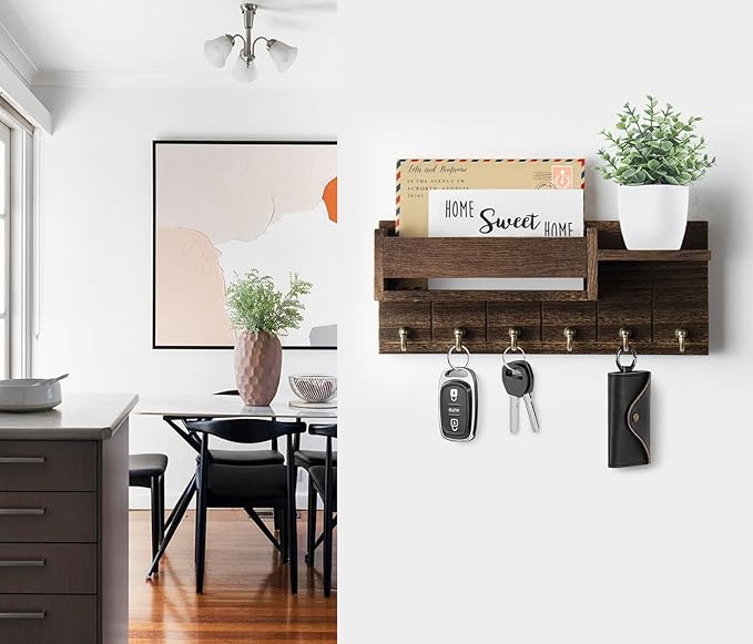 Key Holder Wall Mount - Decorative Key Rack and Mail Organizer with 6 Key Hooks - Wooden Key Hanger with Shelf for Living Room Decor - Rustic Farmhouse Home Entryway Aesthetic Essentials