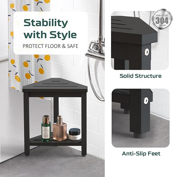 Shower Foot Rest 14in, HDPE Waterproof Shower Stool for Inside Shower, Corner Shower Stool for Shaving Legs with Storage Shelf, Shower Step Stool for Small Space, Plastic Corner Shower Bench, Black
