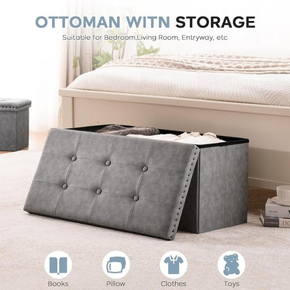 oakvivo 30 Inches Folding Storage Ottoman Bench, Leather End of Bed Foot Rest Stools with Button Tufted Rivet Design, Ottoman with Padded Seat for Bedroom, Living Room, Entryway, 330 lb, Grey