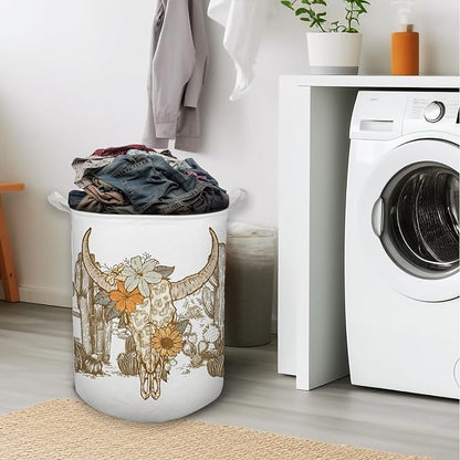 Western Laundry Basket, Vintage Western Floral Bull Skull Waterproof Collapsible Laundry Hamper Dirty Clothes Storage Toy Bin Organizer for Western Bathroom Bedroom, Western Home Decor