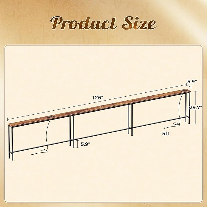 Huuger 126 Inch Sofa Table with Power Outlets and USB-C Ports, 5.9 Inch Narrow Entryway Table, Behind Couch Table with Storage, Extra-Long Console Table, Living Room, Rusitc Brown