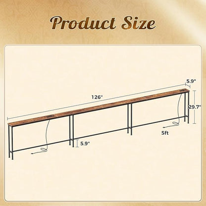 Huuger 126 Inch Sofa Table with Power Outlets and USB-C Ports, 5.9 Inch Narrow Entryway Table, Behind Couch Table with Storage, Extra-Long Console Table, Living Room, Rusitc Brown