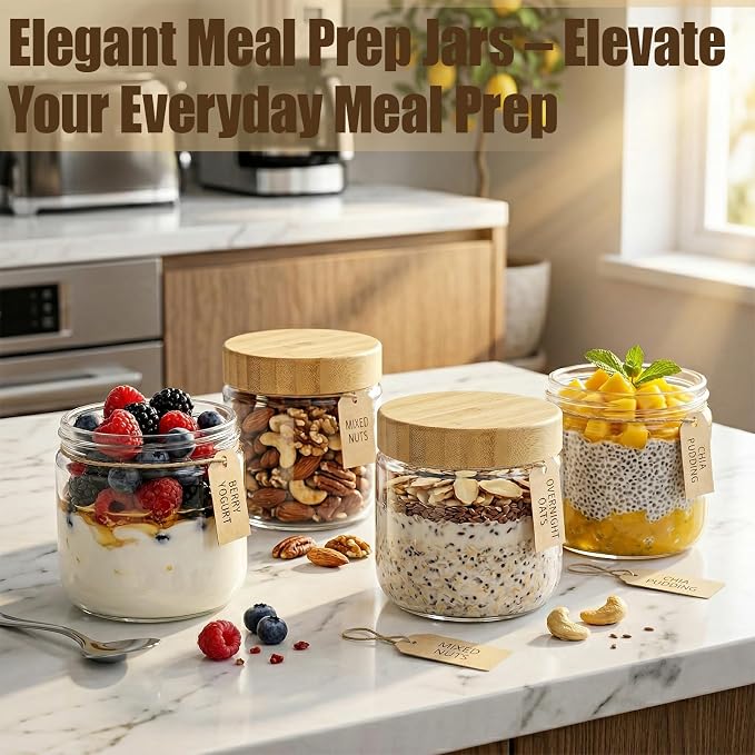 4 Pack 10oz Glass Jars with Bamboo Airtight Lids - Wide Mouth Food Storage Containers for Yogurt Chia Pudding Salad Spice Sugar