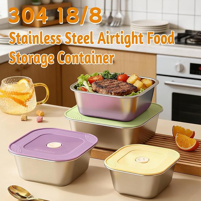 4-Piece Stainless Steel Lunch Box with Lids Set, Stackable Metal Food Storage Containers, Leakproof Lunch Containers, Dishwasher Safe Bento Box, Snack Containers (Size 4.5", 5.5", 6.3", 7")