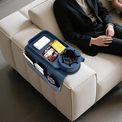 Silicone Couch Caddy for Wide Arms (6-12") with Cup Holder & Deep Sofa Remote Pockets - Anti-Slip Couch Arm Tray Table for Drinks, Phone, Snacks - Living Room Organizer (Blue)