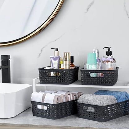 [ 12 Pack ] Plastic Storage Baskets, Small Pantry Organization and Storage Bins, Household Organizers for Laundry Room, Bathrooms, Kitchens, Cabinets, Countertop, Under Sink or Shelves, Black