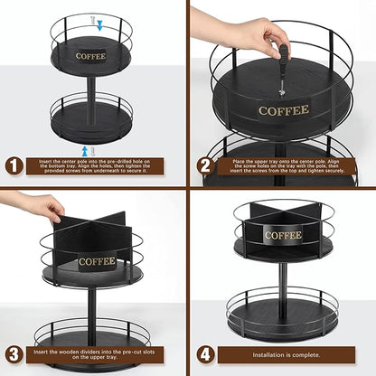 Sieral 360° Rotating Coffee Bar Organizer 2 Tier Coffee Bar Lazy Susan Wood Metal Station Organizer Holder with Convenient Grab-and-go for Countertop Pod Syrup Mug Tea Spice Snack Kitchen Office