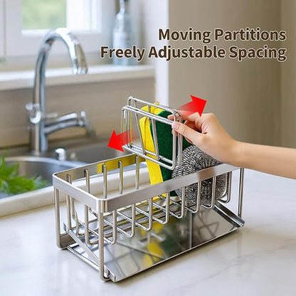 MAXCOOK Sink Caddy Sponge Holder for Kitchen, 18/8 Stainless Steel Self Drain Tray, Soap holder with Divider(Silver)