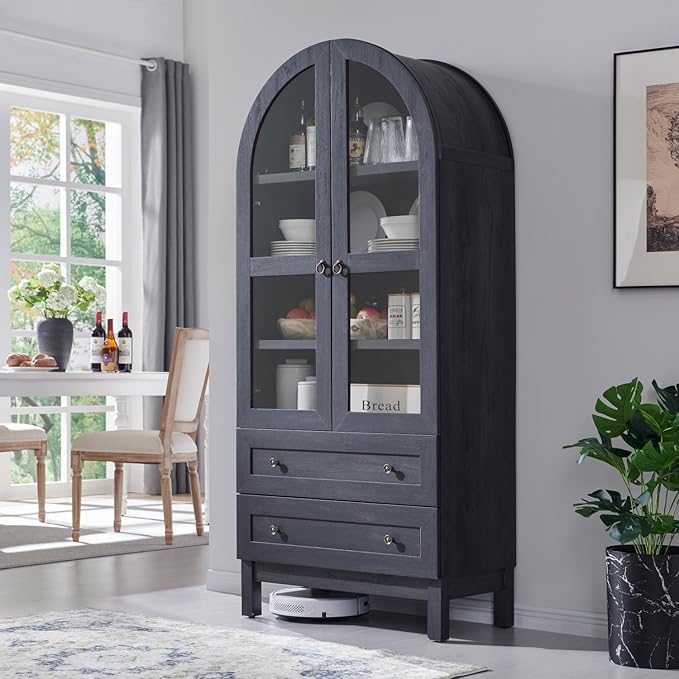 IFGET 71" Tall Arched Kitchen Pantry Cabinet, Wood Kitchens Storage Cabinets with 2 Large Drawers and Adjustable Shelves, Modern Farmhouse Versatile Cupboard for Kitchen, Dining Room, Bathroom, Grey