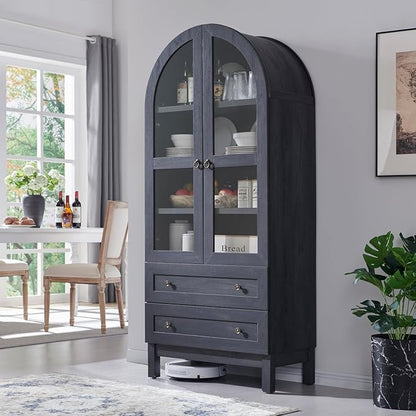 IFGET 71" Tall Arched Kitchen Pantry Cabinet, Wood Kitchens Storage Cabinets with 2 Large Drawers and Adjustable Shelves, Modern Farmhouse Versatile Cupboard for Kitchen, Dining Room, Bathroom, Grey
