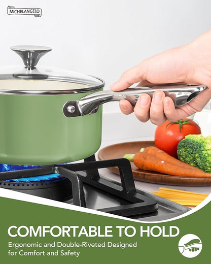 MICHELANGELO Pots and Pans Set Non Stick 8 Piece Ceramic Cookware Set Green | PFAS-Free Green Ceramic Nonstick Cookware Set for Eggs, Fish, Vegetables, Low-Oil Cooking and Induction Ready, Easy Cleanup