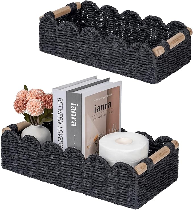 CubesLand Toilet Paper Storage Basket, Scalloped Edge Shelves Basket for Organizing for Over Toilet Tank Storage, Home Decor Baskets for Shelf, Countertop, Living Room, Bedroom, Handwoven, Black