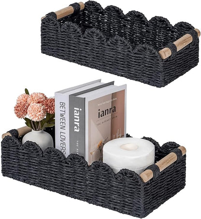 CubesLand Toilet Paper Storage Basket, Scalloped Edge Shelves Basket for Organizing for Over Toilet Tank Storage, Home Decor Baskets for Shelf, Countertop, Living Room, Bedroom, Handwoven, Black
