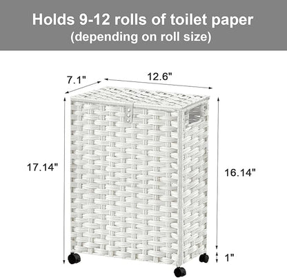 Toilet Paper Storage Basket with Lid and Wheels, Rattan Toilet Paper Holder Storage, Toilet Paper Organizer for Bathroom, Bedroom, Kitchen, 12.6”L x 7.1”W x 17.14”H, White
