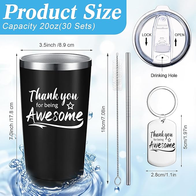 Sieral 60 Pieces Thank You for Being Awesome Tumbler, Thank You Supplies for Women Men 20oz Insulated Stainless Steel Travel Tumbler with Lid and Straw Appreciation Gift with Keychain (Black)