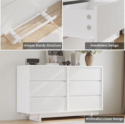 47" Wide Dresser for Bedroom with 6 Drawers,White Modern Dressers Chest of Drawers,Wooden TV Stand,Closet Clothes Organizer for Bedroom,Hallway
