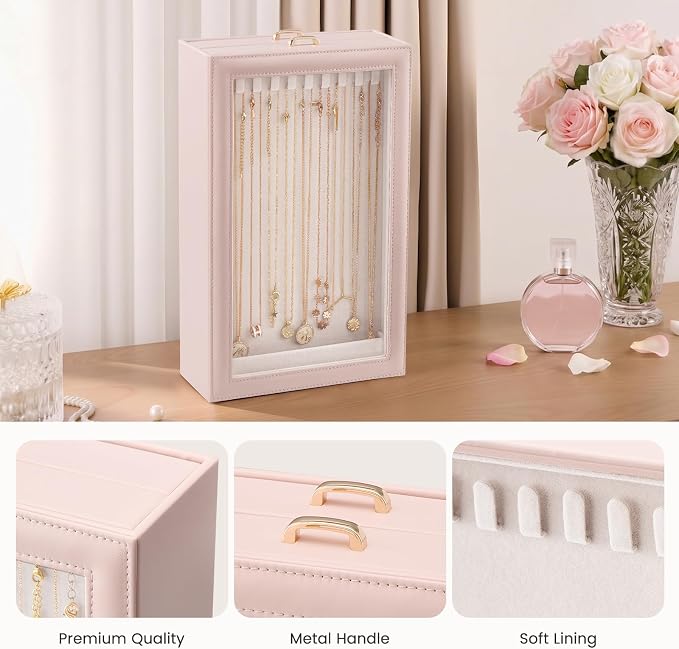 Lolalet Necklace Organizer Box, Jewelry Storage Box with Clear Window for Necklaces Bracelets, Tangle-Free Necklace Display Case for Women Girls, Pink, 2 Layers 20 Hooks