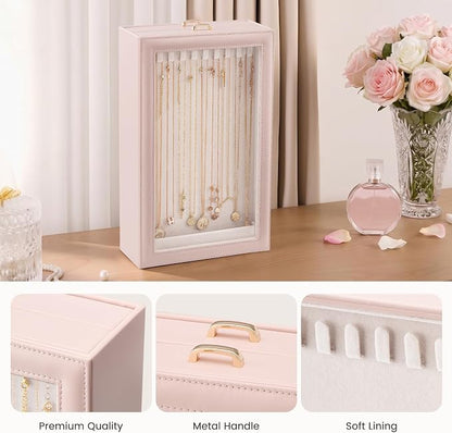Lolalet Necklace Organizer Box, Jewelry Storage Box with Clear Window for Necklaces Bracelets, Tangle-Free Necklace Display Case for Women Girls, Pink, 2 Layers 20 Hooks