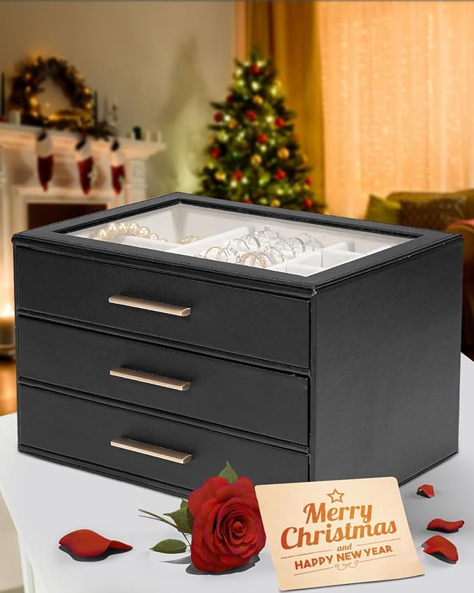 GUOER Jewelry Box for Women, Glass Lid Jewelry Organizer with 3 Drawers PU Jewelry Storage Case for Necklaces Rings Earrings Bracelets, Black