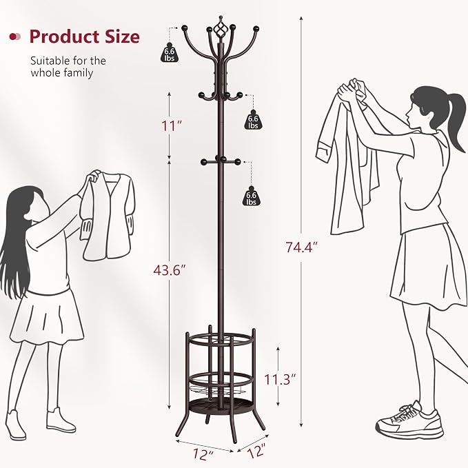 Tajsoon Coat Rack Stand with Umbrella Holder, Coat Tree Freestanding with 16 Hooks, Coat Hangers Stand for Living Room, Bedroom, Office, Brown