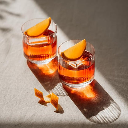 NUDE Whiskey Glasses Set of 4 DOF – 10.75 oz Premium Lead-Free Crystal Old Fashioned Rocks Glasses for Whisky, Scotch & Bourbon – Etched Linear Pattern, Dishwasher Safe Barware