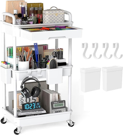 LLMRR 3 Tier Rolling Utility Cart with Drawer, Plastic Storage Organizer Rolling Carts with Wheels Handles Hanging Cups Hooks for Office, Bathroom, Kitchen,Craft Art Room (White)