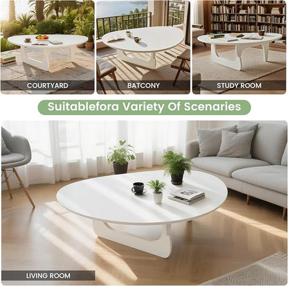 Solid Wood Triangle Coffee Table,Unique Mid Century Modern Oval Coffee Table,Irregular Geometric Tea Tables for Home Living Room with Wooden Tabletop and Reinforced Legs White 43" L x 31" W x 16" H