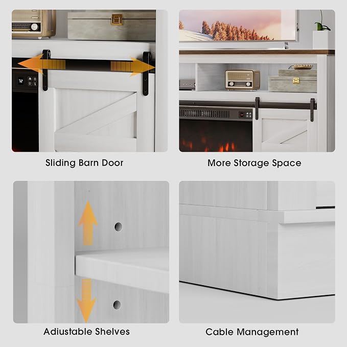 JUMMICO Fireplace TV Stand for 65+ Inch TV with 26'' Fireplace Entertainment Center with Storage Cabinet and Adjustable Shelves Media Console with Sliding Barn Door for Living Room (Milk White)