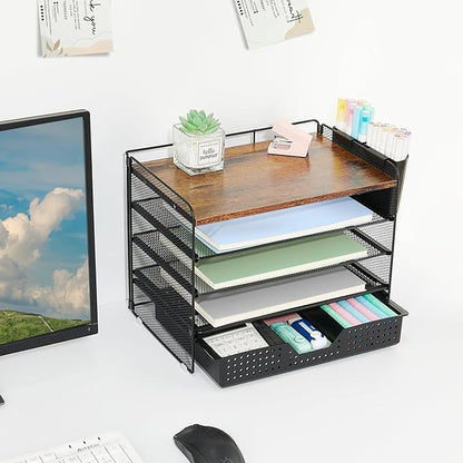 Wood Desk Organizer and Accessories, 5-Tier Paper Letter Tray Organizer with Drawer & 2 Pen Holders for Desktop File Organization, Office Desk Accessories for Supplies Storage (Wood)