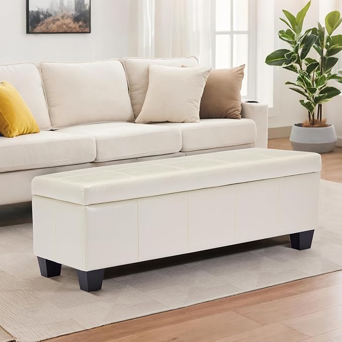41" Storage Ottoman Bench, Faux Leather Storage Foot Rest with Safety Hinge, Load up to 660 lb Upholstered Tufted Entryway Bench with Seating for Living Room, Bedroom, Beige