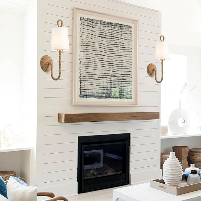 Natural Rattan Wall Sconce Set of 2, with Boho Woven Wicker and Creamy-White Fabric Shade for Vanity Stairway Fireplace Living Room Bedside Passway Hallway