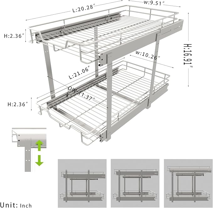 EZKAZA Pull Out Cabinet Organizer 11.5" W x 21" D, 2-Tier Kitchen Cabinet Pullout Shelf and Drawer Organizer Slide Out Pantry Storage Basket, 10.2" W x 21" D x 2.4" H for Bottom Basket Size