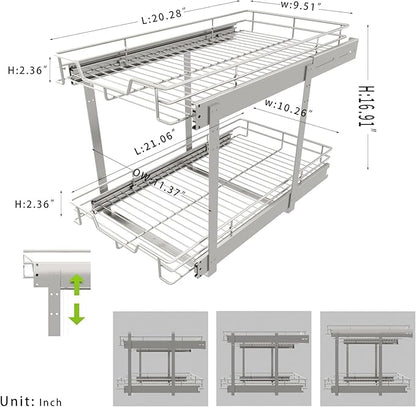 EZKAZA Pull Out Cabinet Organizer 11.5" W x 21" D, 2-Tier Kitchen Cabinet Pullout Shelf and Drawer Organizer Slide Out Pantry Storage Basket, 10.2" W x 21" D x 2.4" H for Bottom Basket Size
