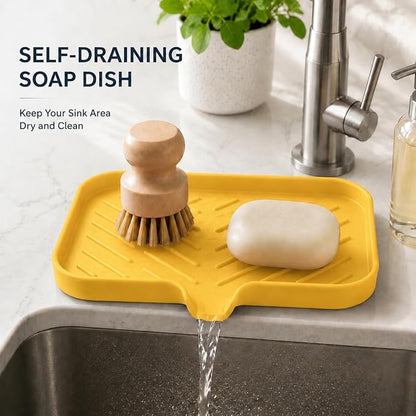 MicoYang Silicone Soap Dish with Drain Spout — Self-Draining Sink Organizer Tray for Bathroom & Kitchen, Sponges, Dispensers & Soap Holder, Non-Slip & Dishwasher Safe, Yellow (Medium, 9.6"×5.3")
