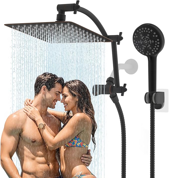 Hibbent All Metal cUPC Certified Shower Head, 10'' High Pressure Rain Shower Head, Handheld Showerhead Combo with 16'' Adjustable Extension Arm, 10 Sprays, 71'' Hose, Shower Holder, Oil Rubbed Bronze