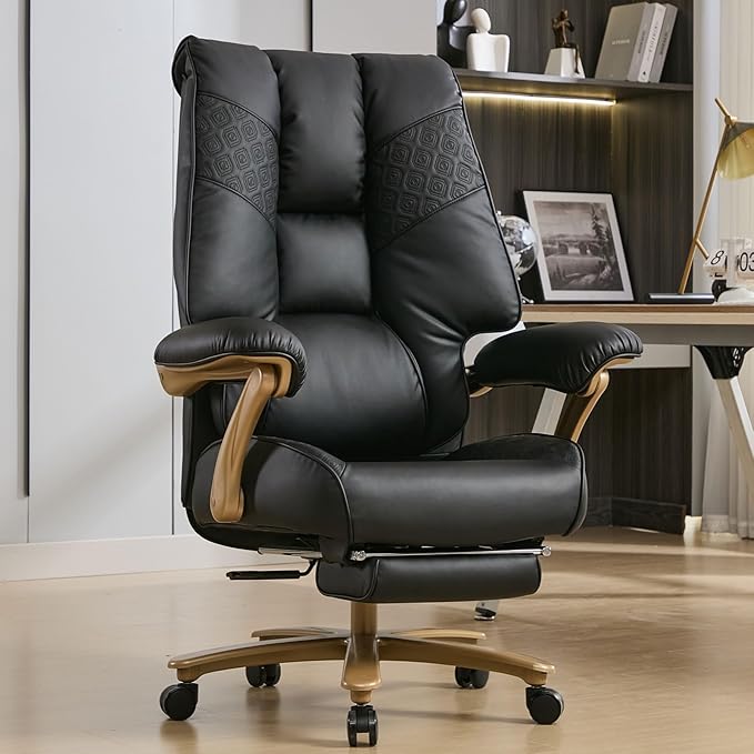 Big and Tall Executive Office Chair with Footrest, 400LBS Capacity Ergonomic High-Back Desk Office Chair with Lumbar Support, Padded Armrests & Thick Cushion, Black PU Leather Chairs