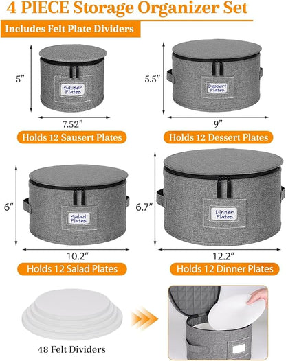 punemi China Storage Containers, Dish Storage w/Hard Shell Top Side Bottom Support & Felt Dividers for Charger Plates Dinnerware, Perfect for Moving Supplies, 4 set Stackable Fine China Storage, Gray
