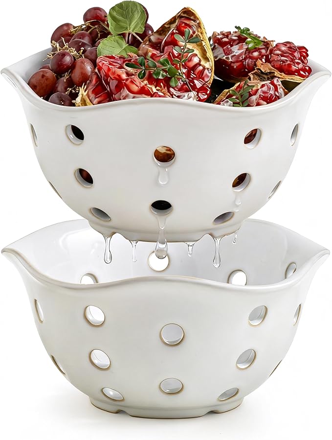 Gomakren Fruit Basket Set of 2, Ceramic Fruit Bowl Berry Basket with Holes, 7.6 Inch Fruit Containers Colander for Fridge - Farmhouse Kitchen Decor, White
