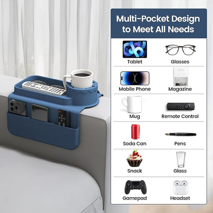 Couch Cup Holder Tray, Silicone Sofa Armrest organizer with Side Pockets for Storage Remotes, Cell-phone,Tablet or Snack, Anti-Spill and Anti-Slip Sofa Arm Tray for Recliner, Armchair Caddy (Blue)