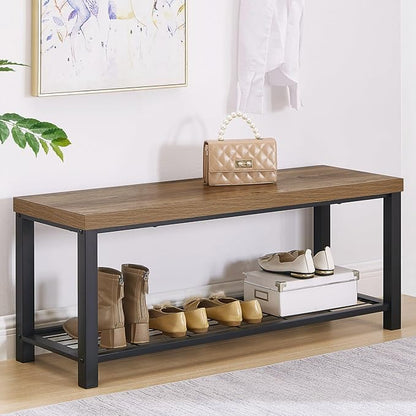 FOLUBAN Entryway Bench, Modern Shoe Storage Bench, Rustic Wood and Metal Entry Bench for Hallway Front Door Entrance, Industrial Indoor Bench for Bedroom Living Room, Oak, 43.3 Inch